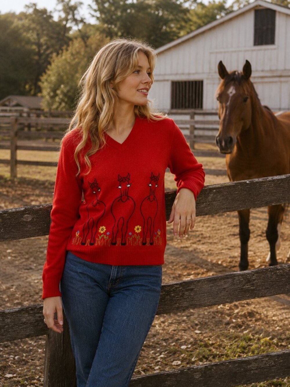 Vtg 70s red embroidered novelty equestrian cute horses v neck sweater reed hill
